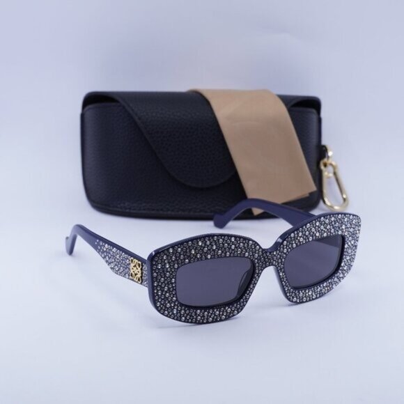 Loewe LW4114IS 90A Rectangle Sunglasses – Navy with Crystal Studs \\Smoke main image 4